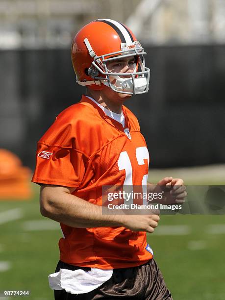 Quarterback Colt McCoy of the Cleveland Browns runs sprints during the team's rookie and free agent mini camp on April 30, 2010 at the Cleveland...