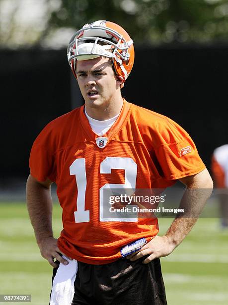 Quarterback Colt McCoy of the Cleveland Browns watches a play during the team's rookie and free agent mini camp on April 30, 2010 at the Cleveland...