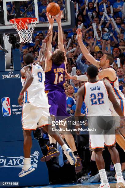 Pau Gasol of the Los Angeles Lakers gets the offensive rebound in the fourth quarter from Serge Ibaka of the Oklahoma City Thunder in Game Six of the...