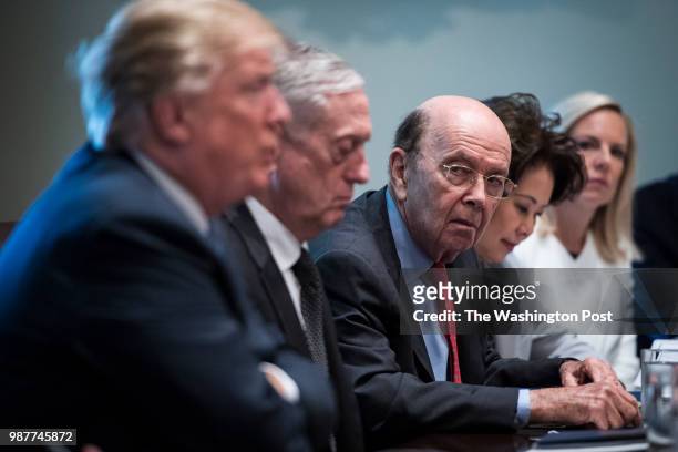 Commerce Secretary Wilbur Ross listens as President Donald J. Trump speaks during a cabinet meeting in the Cabinet Room of the White House on...