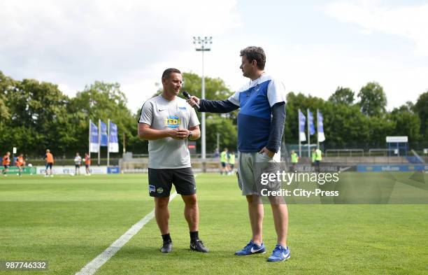 Coach Pal Dardai and arean speaker Fabian of Wachsmann of Hertha BSC during the first training at Wurfplatz/Amateurstadion on June 28, 2018 in...