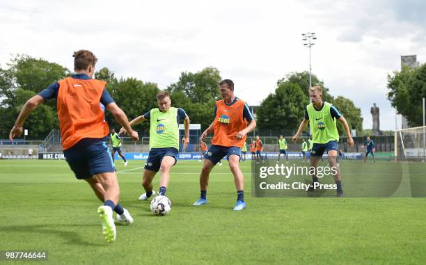 Maximilian Mittelstaedt, Vladimir Darida and Arne Maier of Hertha BSC during the first training at Wurfplatz/Amateurstadion on June 28, 2018 in...