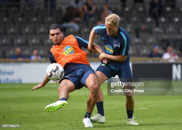 Karim Rekik and Pascal Koepke of Hertha BSC during the first training at Wurfplatz/Amateurstadion on June 28, 2018 in Berlin, Germany.