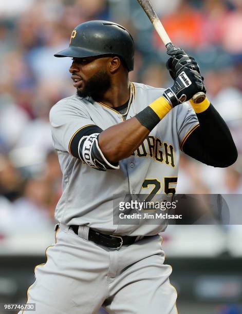 Gregory Polanco of the Pittsburgh Pirates in action against the New York Mets at Citi Field on June 26, 2018 in the Flushing neighborhood of the...