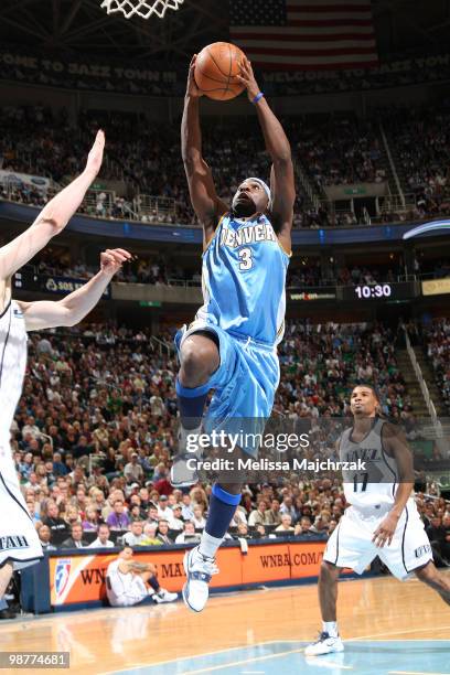 Ty Lawson of the Denver Nuggets goes up for the shot against the Utah Jazz in Game Six of the Western Conference Quarterfinals during the 2010 NBA...