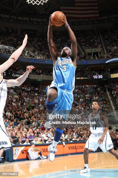 Ty Lawson of the Denver Nuggets goes up for the shot against the Utah Jazz in Game Six of the Western Conference Quarterfinals during the 2010 NBA...