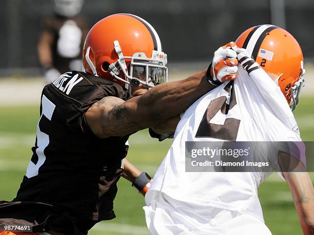 Defensive back Joe Haden of the Cleveland Browns defends wide receiver Dion Morton during the team's rookie and free agent mini camp on April 30,...