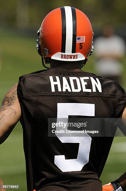 Defensive back Joe Haden of the Cleveland Browns runs sprints during the team's rookie and free agent mini camp on April 30, 2010 at the Cleveland...