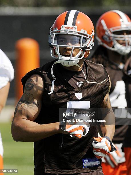 Defensive back Joe Haden of the Cleveland Browns runs sprints during the team's rookie and free agent mini camp on April 30, 2010 at the Cleveland...