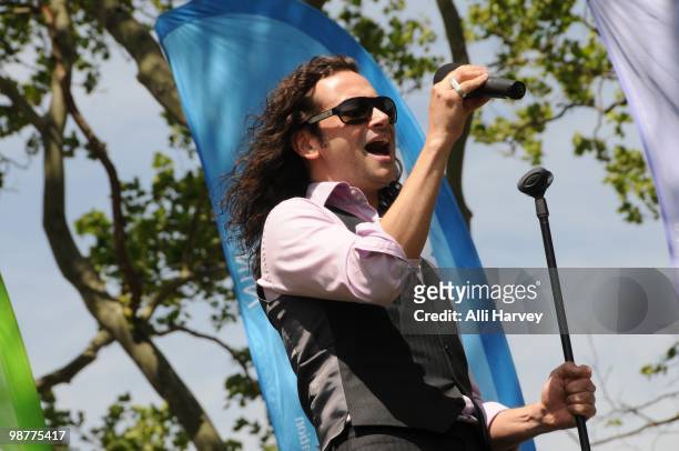 Constantine Maroulis performs at the MillionTreesNYC Arbor Day planting and celebration at the Atlantic Plaza Towers on April 30, 2010 in the...