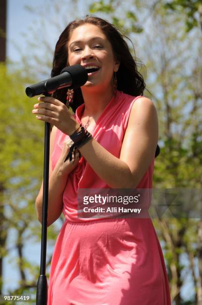Diana DeGarmo performs at the MillionTreesNYC Arbor Day planting and celebration at the Atlantic Plaza Towers on April 30, 2010 in the Brooklyn...