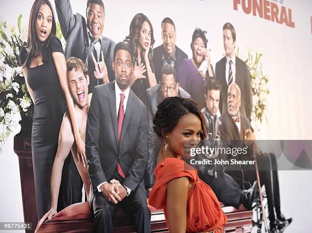 Actress Zoe Saldana arrives to the "Death At A Funeral" Los Angeles Premiere at Pacific's Cinerama Dome on April 12, 2010 in Hollywood, California.