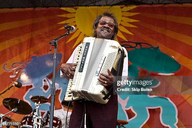 Zydeco accordionist Buckwheat Zydeco performs during day 5 of the 41st Annual New Orleans Jazz & Heritage Festival at the Fair Grounds Race Course on...