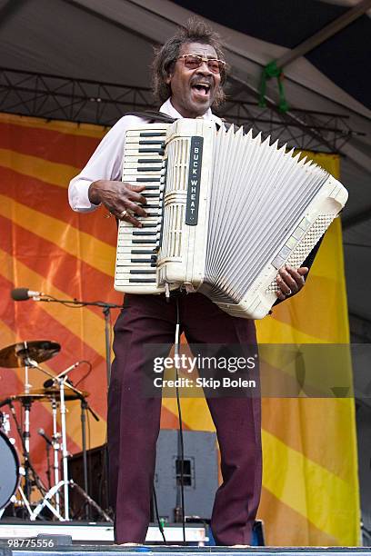 Zydeco accordionist Buckwheat Zydeco performs during day 5 of the 41st Annual New Orleans Jazz & Heritage Festival at the Fair Grounds Race Course on...