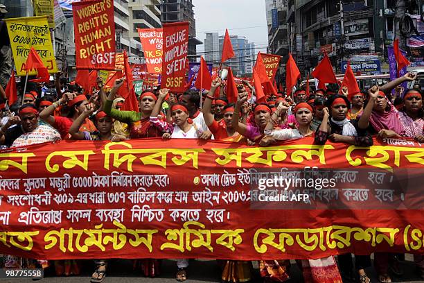 Activists from a Bangladeshi garments labour federation shout slogans as they march in a rally to mark May Day or International Workers� Day in Dhaka...