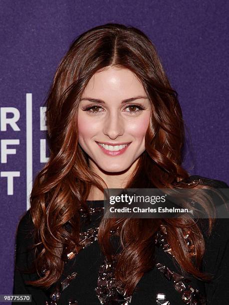 Personality Olivia Palermo attends the "Ultrasuede: In Search of Halston" premiere during the 9th Annual Tribeca Film Festival at the SVA Theater on...