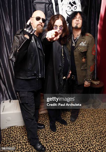 Musicians Rob Halford, Ozzy Osbourne and Nikki Sixx attend the OzzFest tour announcement press conference on April 30, 2010 in Sherman Oaks,...