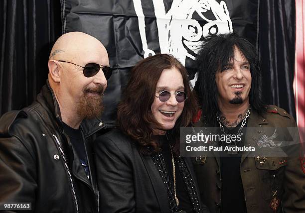 Musicians Rob Halford, Ozzy Osbourne and Nikki Sixx attend the OzzFest tour announcement press conference on April 30, 2010 in Sherman Oaks,...
