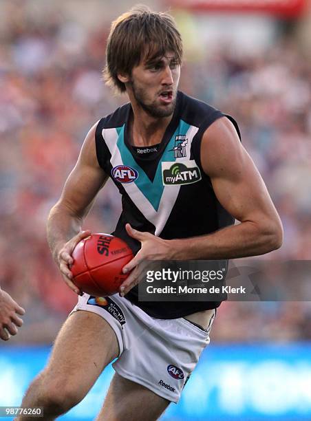 Justin Westhoff of the Power runs with the ball during the round six AFL match between the Adelaide Crows and the Port Adelaide Power at AAMI Stadium...