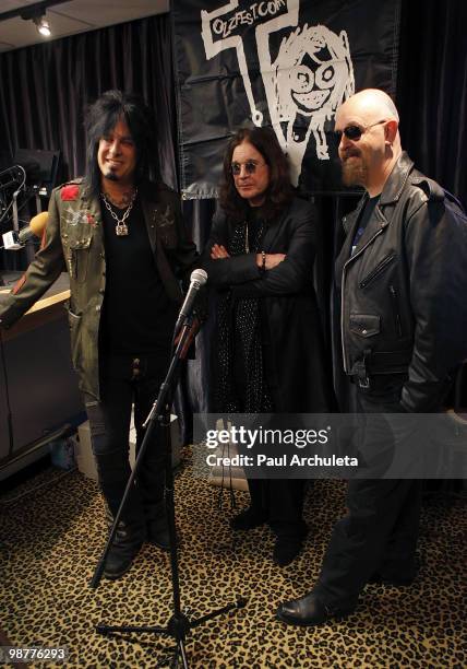 Musicians Nikki Sixx, Ozzy Osbourne & Rob Halford attend the OzzFest tour announcement press conference on April 30, 2010 in Sherman Oaks, California.