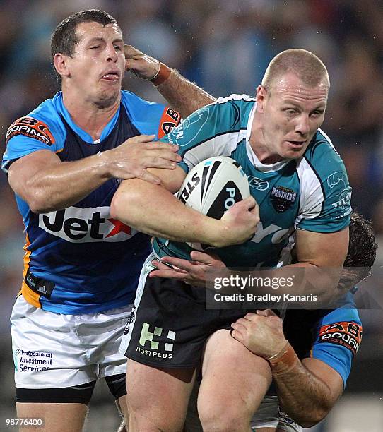 Luke Lewis of the Panthers takes on the defence during the round eight NRL match between the Gold Coast Titans and the Penrith Panthers at Skilled...