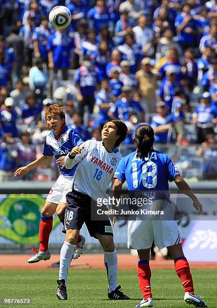Ryoichi Maeda of Jubilo Iwata competes for the ball during the J. League match between Yokohama F. Marinos and Jubilo Iwata at Nissan Stadium on May...
