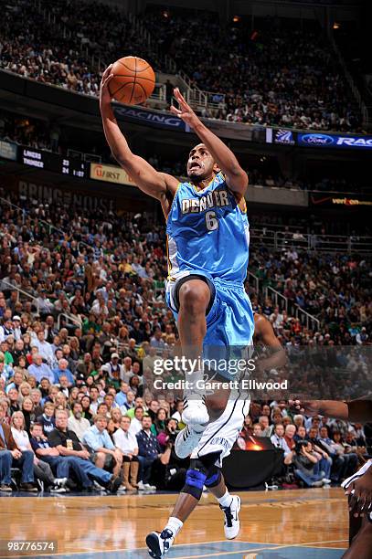 Arron Afflalo of the Denver Nuggets goes to the basket against the Utah Jazz in Game Six of the Western Conference Quarterfinals during the 2010 NBA...