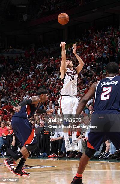 Carlos Delfino of the Milwaukee Bucks puts up a shot against the Atlanta Hawks in Game Six of the Eastern Conference Quarterfinals during the 2010...