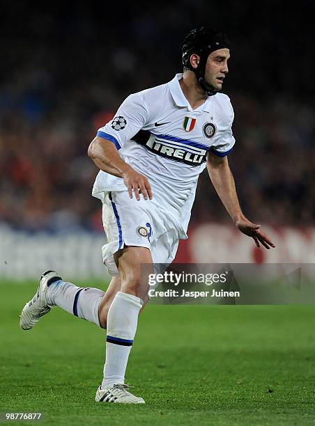 Cristian Chivu of Inter Milan in action during the UEFA Champions League semi final second leg match between Barcelona and Inter Milan at the Camp...