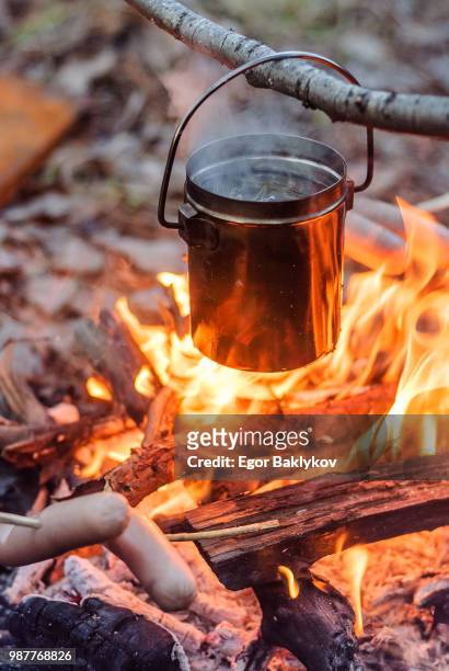 cooking tin above the campfire 6 - dry ice food stock pictures, royalty-free photos & images
