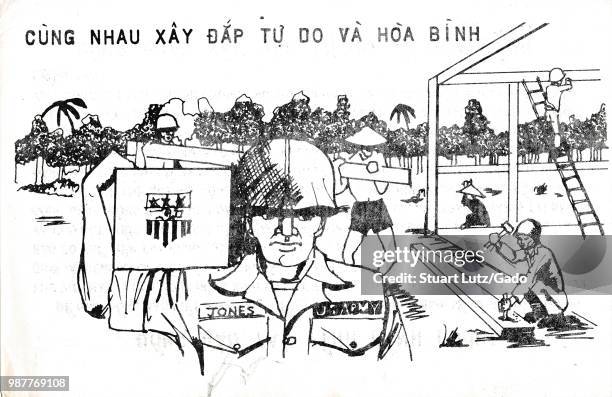 Poster in Vietnamese with caricature of US Army soldier building an encampment in the jungle, during the Vietnam War, 1967.