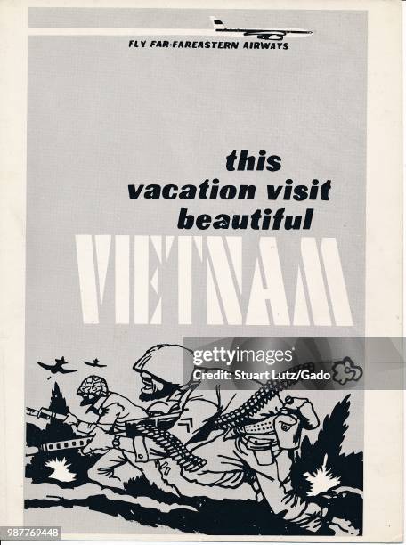 Ironic poster titled Visit Beautiful Vietnam, with an illustration of soldiers with machine guns, part of a protest against the Vietnam War, 1970.