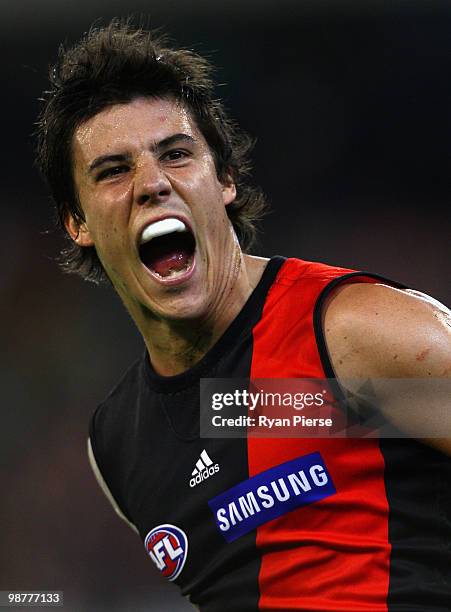 Angus Monfries of the Bombers celebrates after kicking a goal during the round six AFL match between the Essendon Bombers and the Hawthorn Hawks at...