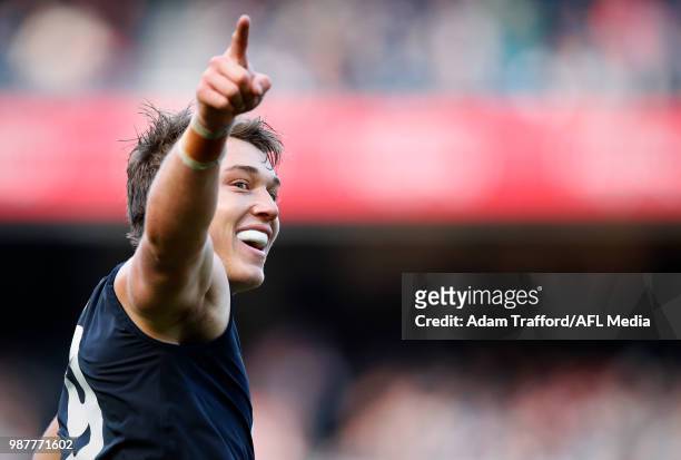 Patrick Cripps of the Blues celebrates a goal during the 2018 AFL round 15 match between the Carlton Blues and the Port Adelaide Power at the...