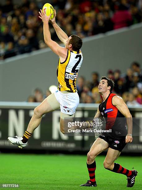 Jarryd Roughead of the Hawks marks on a lead during the round 6 AFL match between the Essendon Bombers and the Hawthorn Hawks at Melbourne Cricket...