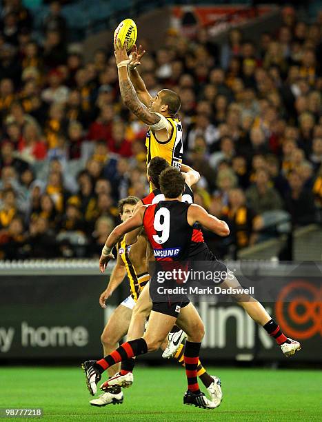 Lance Franklin of the Hawks marks above a pack during the round 6 AFL match between the Essendon Bombers and the Hawthorn Hawks at Melbourne Cricket...