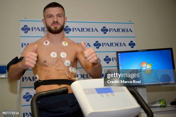 Lazio new signing Valon Berisha during the medical tests on June 30, 2018 in Rome, Italy.