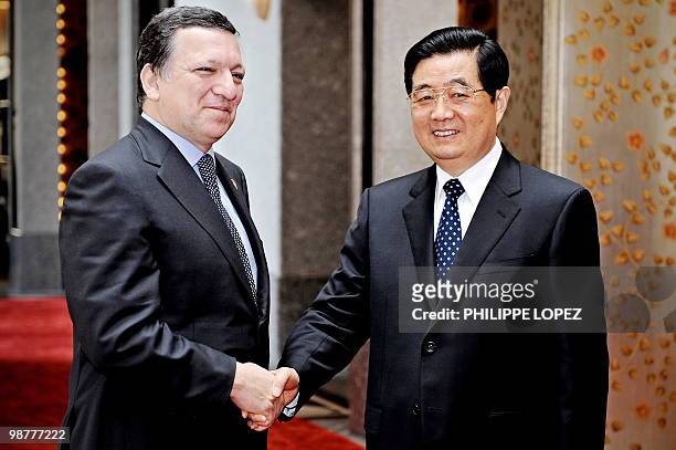European Commission chief Jose Manuel Barroso meets Chinese President Hu Jintao in Shanghai on May 1, 2010. Barroso attended the opening ceremony of...
