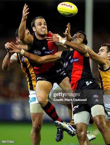 Sam Lonergan of the Bombers flies for a mark during the round 6 AFL match between the Essendon Bombers and the Hawthorn Hawks at Melbourne Cricket...