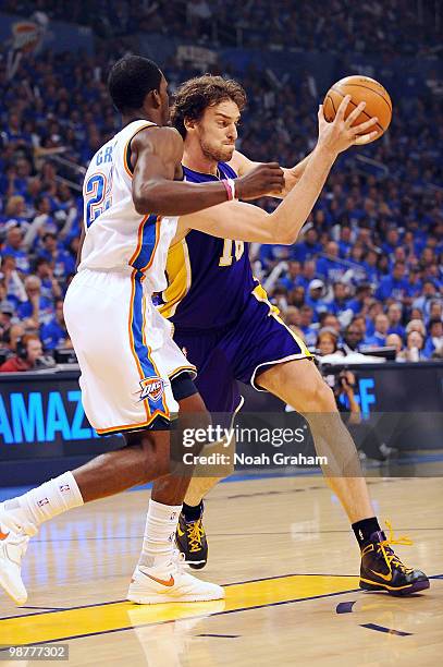 Pau Gasol of the Los Angeles Lakers Drives past Jeff Green of the Oklahoma City Thunder in Game Six of the Western Conference Quarterfinals during...