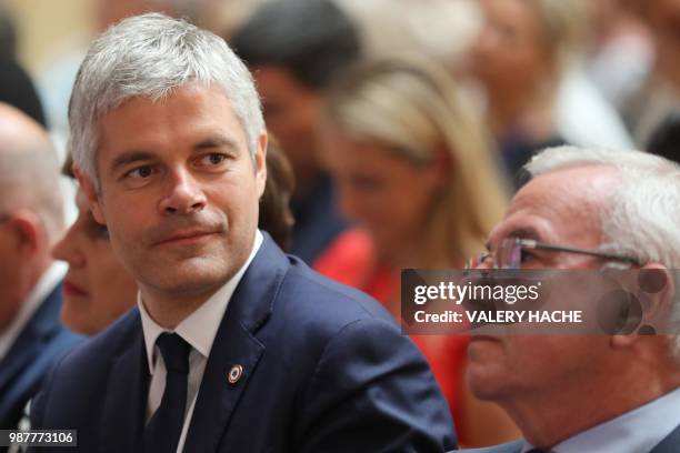 President of Les Republicains right-wing party Laurent Wauquiez and vice-president of LR party Jean Leonetti attend a national council of LR party at...