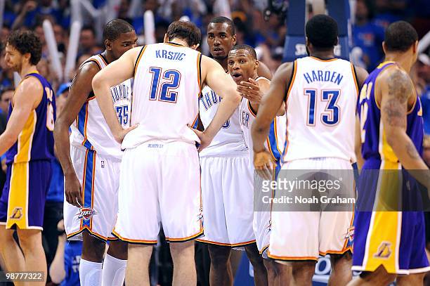Kevin Durant, Nenad Krstic, Serge Ibaka, Russell Westbrook and James Harden of the Oklahoma City Thunder against the Los Angeles Lakers in Game Six...