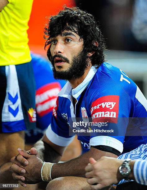 Johnathan Thurston of the Cowboys looks on during the round eight NRL match between the North Queensland Cowboys and the Melbourne Storm at Dairy...