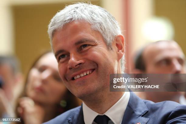 President of Les Republicains right-wing party Laurent Wauquiez attends a national council of LR party at the "Palais de l'Europe" in Menton,...