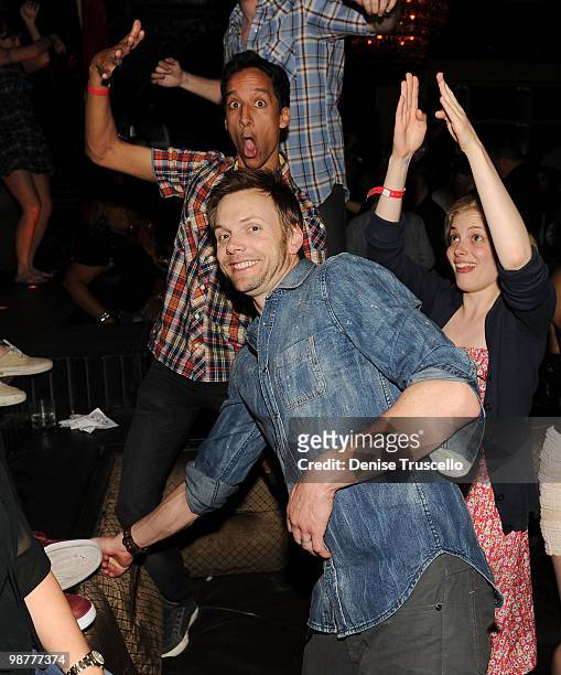 Danny Pudi, Joel McHale and Gillian Jacobs attend Lavo Las Vegas at the Palazzo on April 30, 2010 in Las Vegas, Nevada.