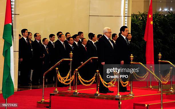 Chinese President Hu Jintao and Palestinian President Mahmoud Abbas attend a welcoming ceremony on May 1, 2010 in Shanghai, China. Abbas attended the...