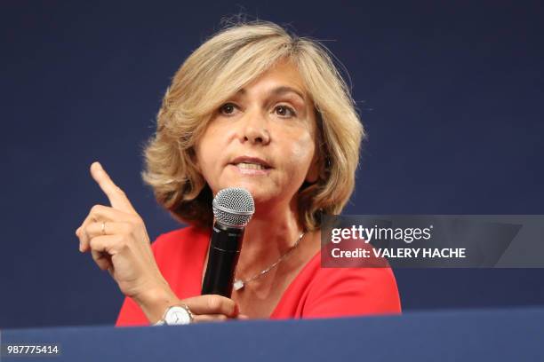 Head of the Ile-de-France regional council and member of the Les Republicains right-wing party Valerie Pecresse speaks during a national council of...