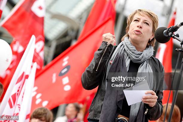 The Chairwoman of the SP.A Caroline Gennez gives a speech during a party gathering on May 1, 2010 in Antwerp. Belgium's government collapsed a week...