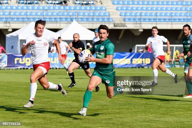 Mateusz Plichta and Billy Dardis of Irland during the Grand Prix Series match betwwen Poland and Irland Rugby Seven on June 30, 2018 in Marcoussis,...