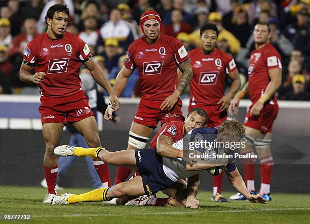 Josh Valentine of the Brumbies scores a try during the round 12 Super 14 match between the Brumbies and the Reds at Canberra Stadium on May 1, 2010...